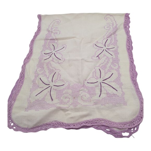 VTG Handcrafted Cross Stiched Table Runner Dresser Scarf Purple Crochet Trim - Picture 1 of 9
